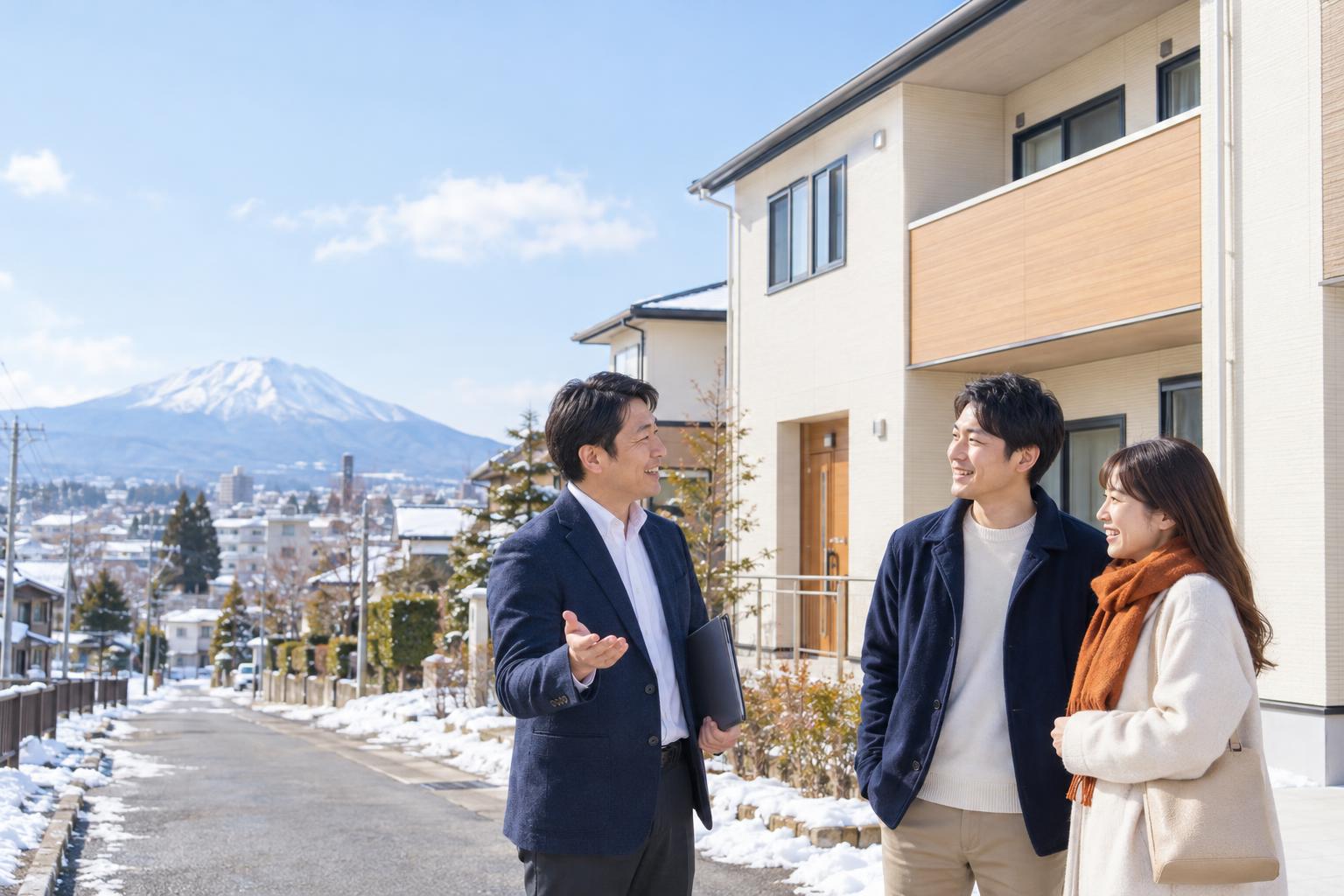 雪の残る盛岡の住宅街で、スタッフが若い夫婦に物件を案内している